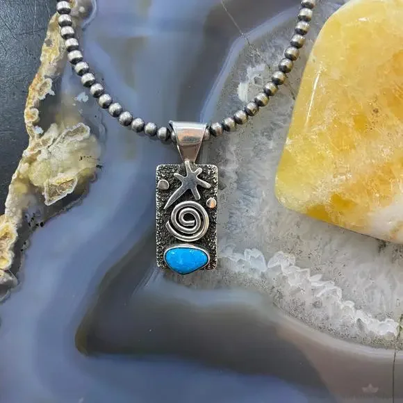 Alex Sanchez Native American Sterling Petroglyph Turquoise Dainty Pendant #7 - Picture 2 of 10